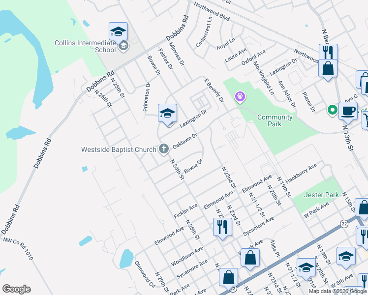 map of restaurants, bars, coffee shops, grocery stores, and more near 1427 Oaklawn Drive in Corsicana