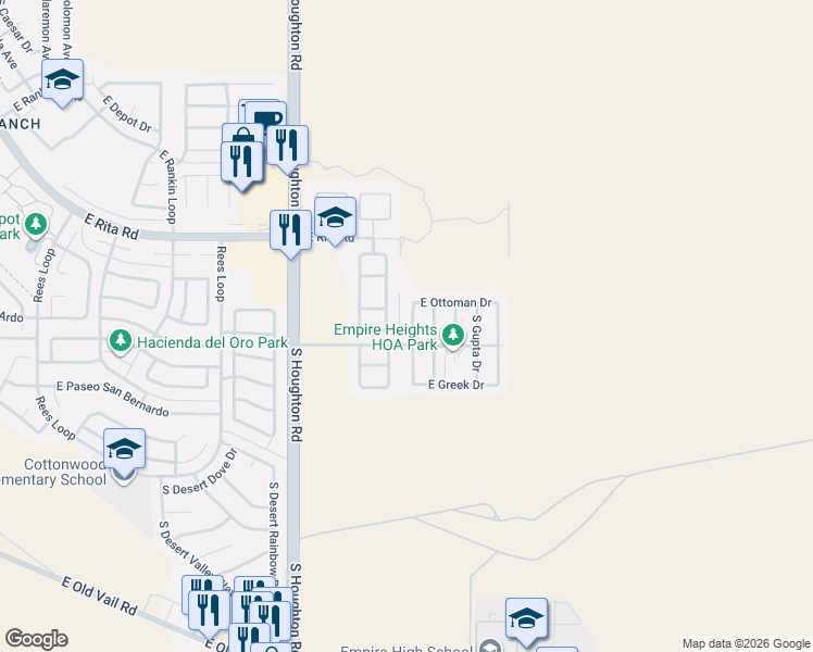 map of restaurants, bars, coffee shops, grocery stores, and more near 8361 South Bainbridge Road in Tucson