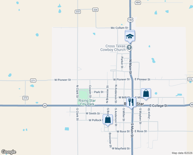 map of restaurants, bars, coffee shops, grocery stores, and more near 504 West Pioneer Street in Rising Star