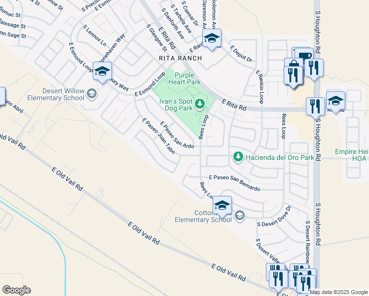map of restaurants, bars, coffee shops, grocery stores, and more near 9758 East Paseo San Ardo in Tucson