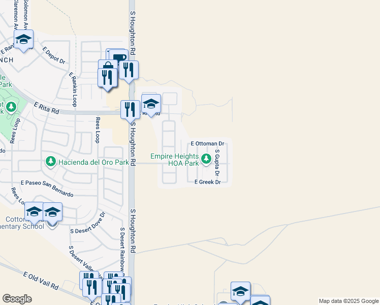 map of restaurants, bars, coffee shops, grocery stores, and more near 8363 South Hunnic Drive in Tucson