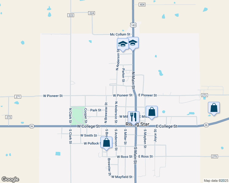 map of restaurants, bars, coffee shops, grocery stores, and more near 405 North Anderson Street in Rising Star