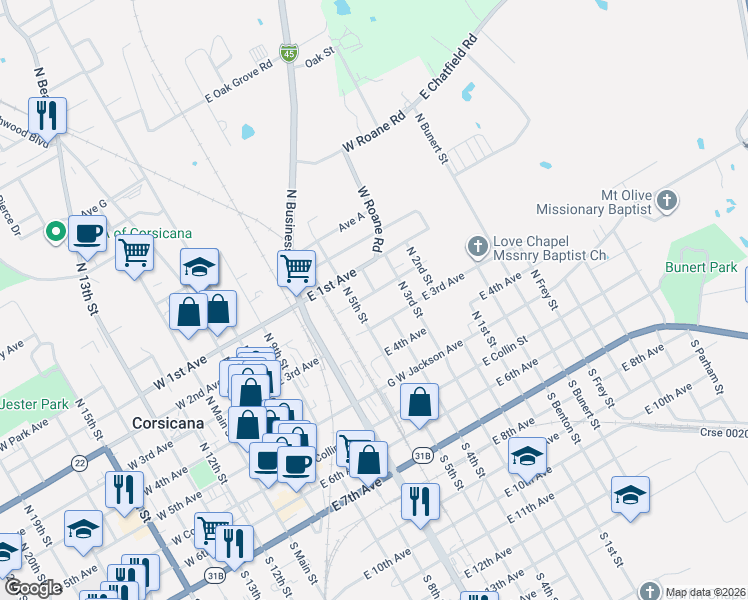 map of restaurants, bars, coffee shops, grocery stores, and more near 712 East 2nd Avenue in Corsicana