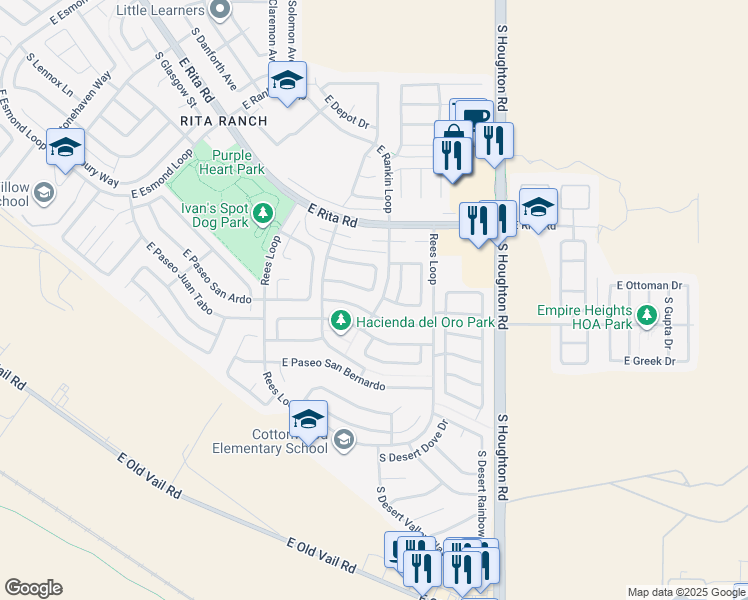 map of restaurants, bars, coffee shops, grocery stores, and more near 8325 South Vía Del Timbre in Tucson
