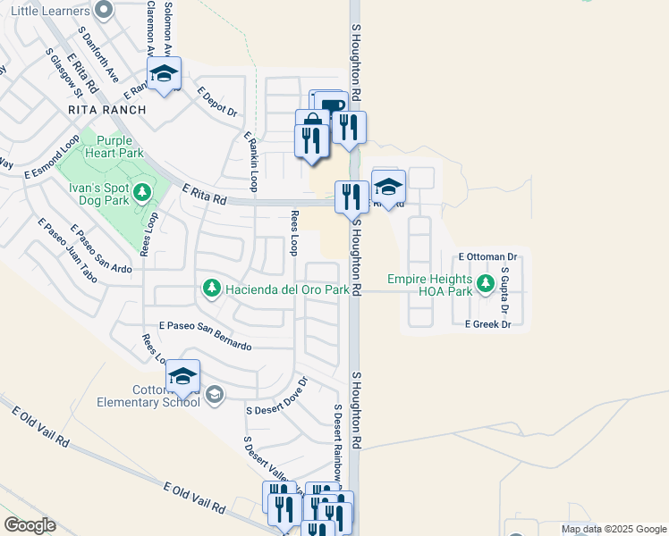 map of restaurants, bars, coffee shops, grocery stores, and more near 10254 East Calle Estrella Polar in Tucson