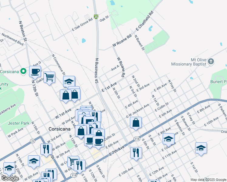 map of restaurants, bars, coffee shops, grocery stores, and more near 504 North 5th Street in Corsicana