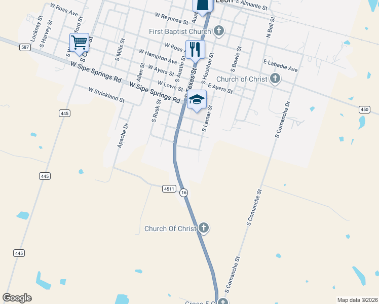 map of restaurants, bars, coffee shops, grocery stores, and more near 224 East Plum Avenue in De Leon