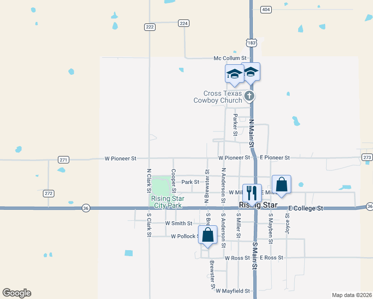 map of restaurants, bars, coffee shops, grocery stores, and more near 504 West Pioneer Street in Rising Star