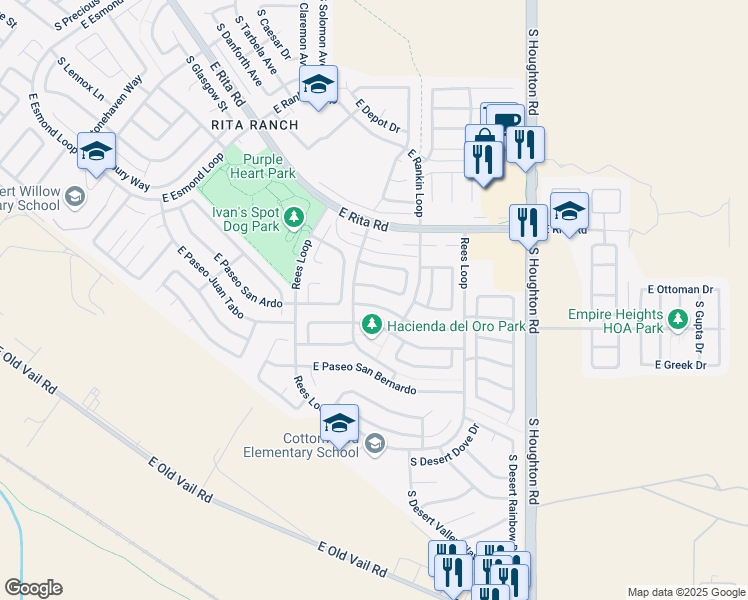map of restaurants, bars, coffee shops, grocery stores, and more near 9977 East Paseo San Ardo in Tucson
