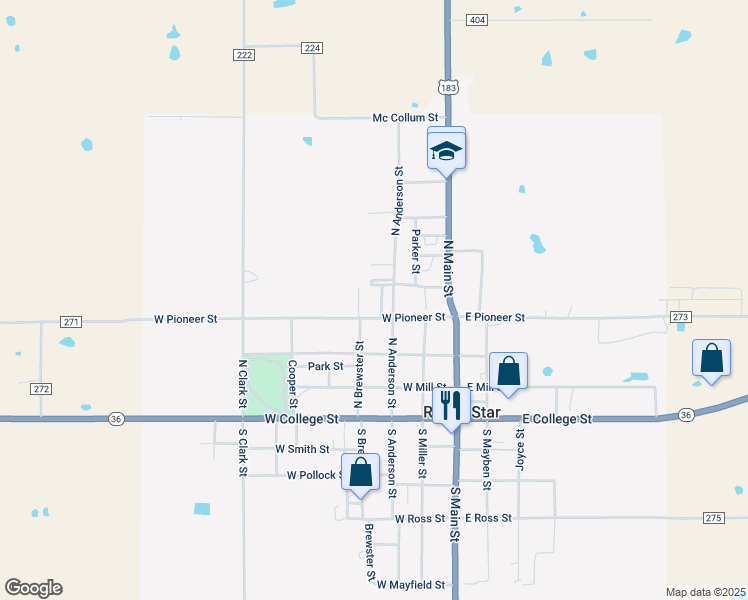 map of restaurants, bars, coffee shops, grocery stores, and more near 405 North Anderson Street in Rising Star