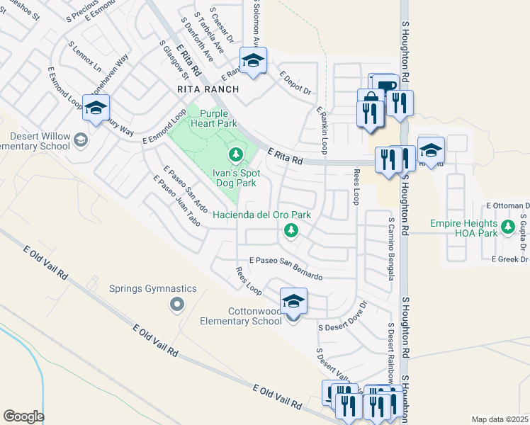 map of restaurants, bars, coffee shops, grocery stores, and more near 8332 South Vía Del Barquero in Tucson