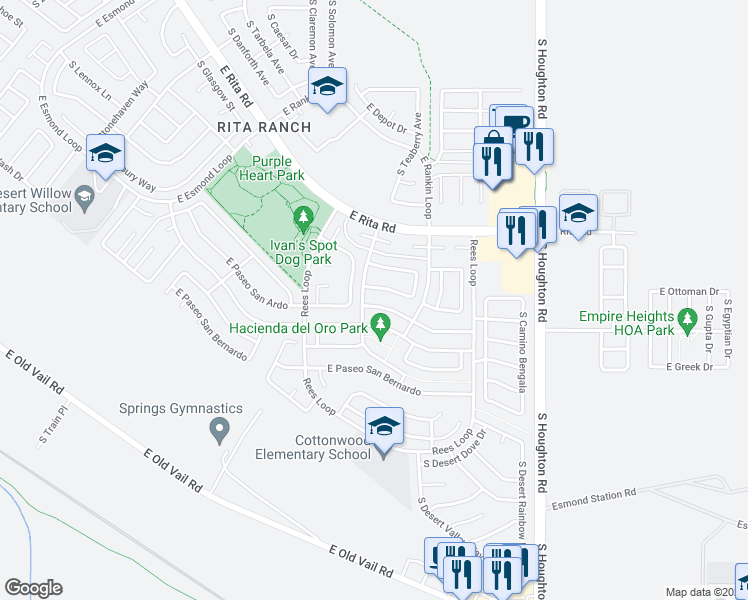 map of restaurants, bars, coffee shops, grocery stores, and more near 9957 East Paseo San Ardo in Tucson