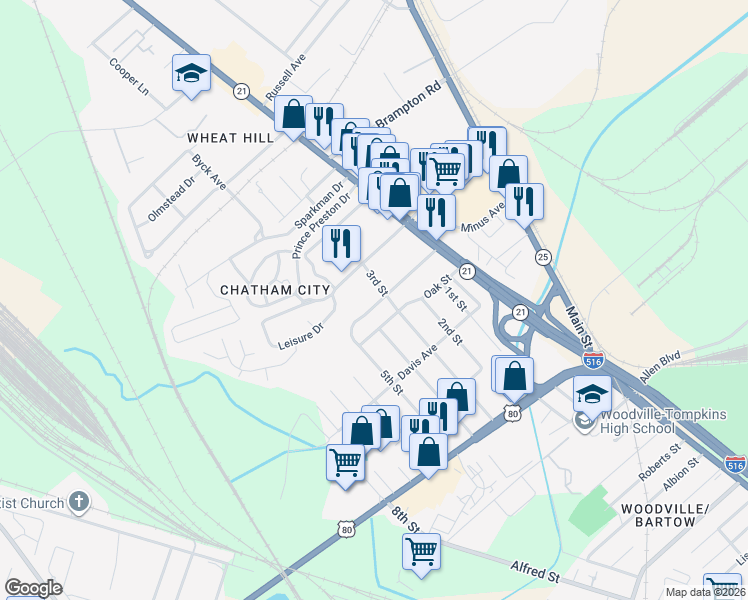 map of restaurants, bars, coffee shops, grocery stores, and more near 35 Leon Village Drive in Savannah