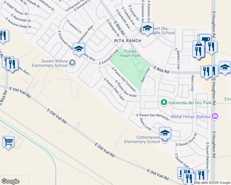 map of restaurants, bars, coffee shops, grocery stores, and more near 9640 East Paseo San Rosendo in Tucson