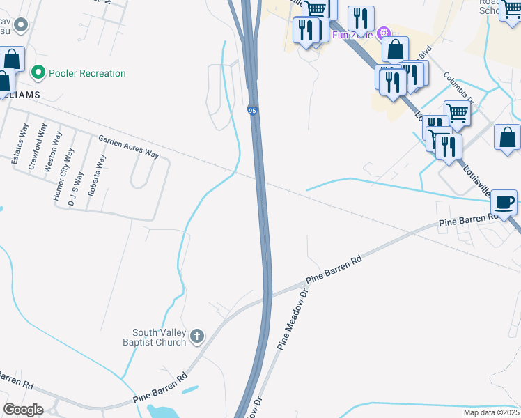 map of restaurants, bars, coffee shops, grocery stores, and more near Highway 405 in Pooler