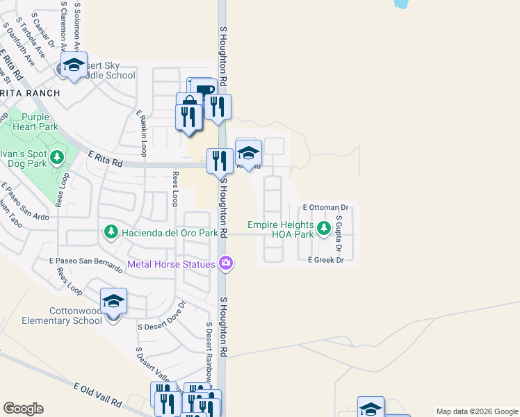 map of restaurants, bars, coffee shops, grocery stores, and more near 8356 South Lost Mountain Road in Tucson