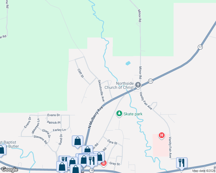 map of restaurants, bars, coffee shops, grocery stores, and more near 1098 Desotoville Avenue in Butler