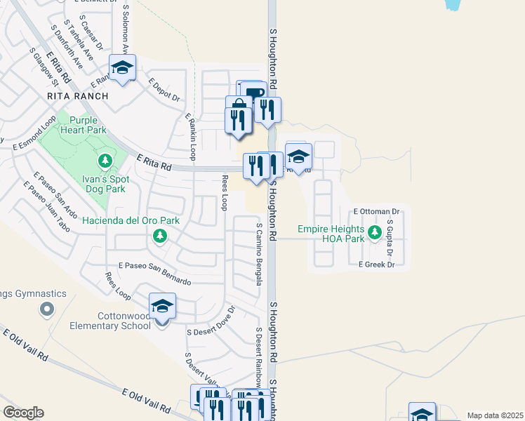 map of restaurants, bars, coffee shops, grocery stores, and more near 10254 East Calle Estrella Polar in Tucson