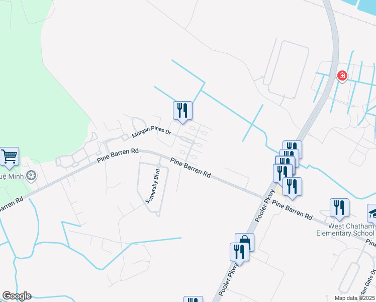 map of restaurants, bars, coffee shops, grocery stores, and more near 100 Coach House Square in Pooler