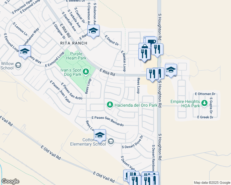 map of restaurants, bars, coffee shops, grocery stores, and more near 9977 East Paseo San Ardo in Tucson