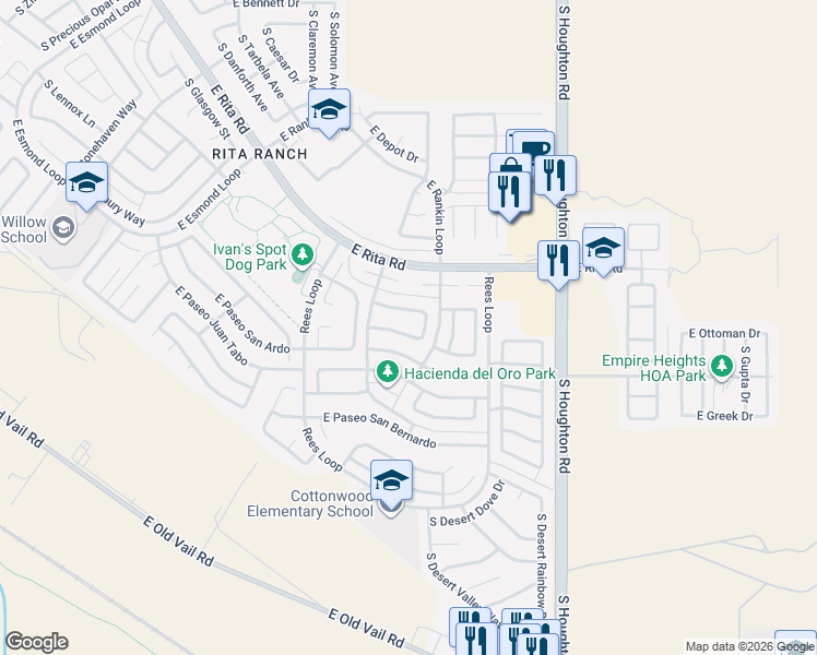 map of restaurants, bars, coffee shops, grocery stores, and more near 9977 East Paseo San Ardo in Tucson