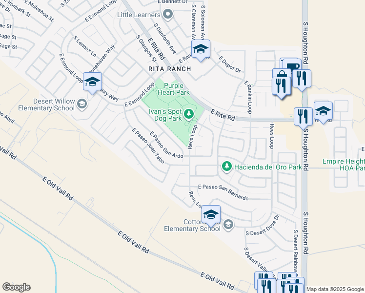 map of restaurants, bars, coffee shops, grocery stores, and more near 9789 East Paseo Del Tornasol in Tucson