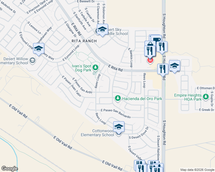 map of restaurants, bars, coffee shops, grocery stores, and more near 8332 South Vía Del Barquero in Tucson