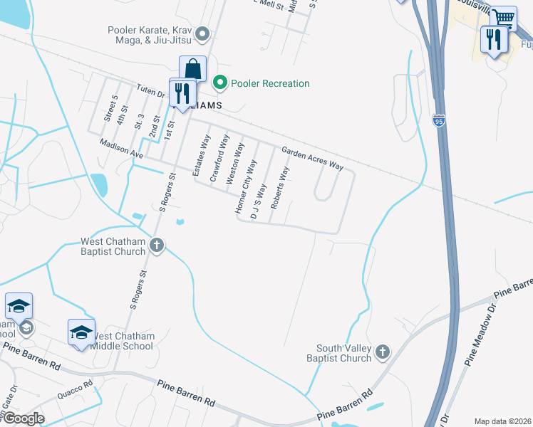 map of restaurants, bars, coffee shops, grocery stores, and more near 1245 Roberts Way in Pooler