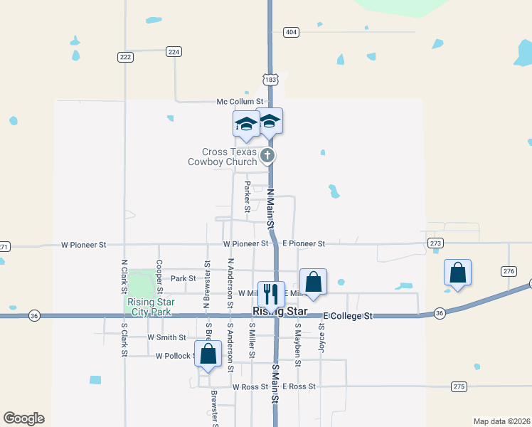 map of restaurants, bars, coffee shops, grocery stores, and more near 510 North Main Street in Rising Star