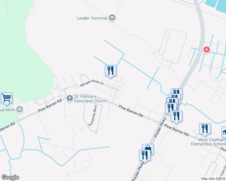 map of restaurants, bars, coffee shops, grocery stores, and more near 309 Morgan Pines Drive in Pooler