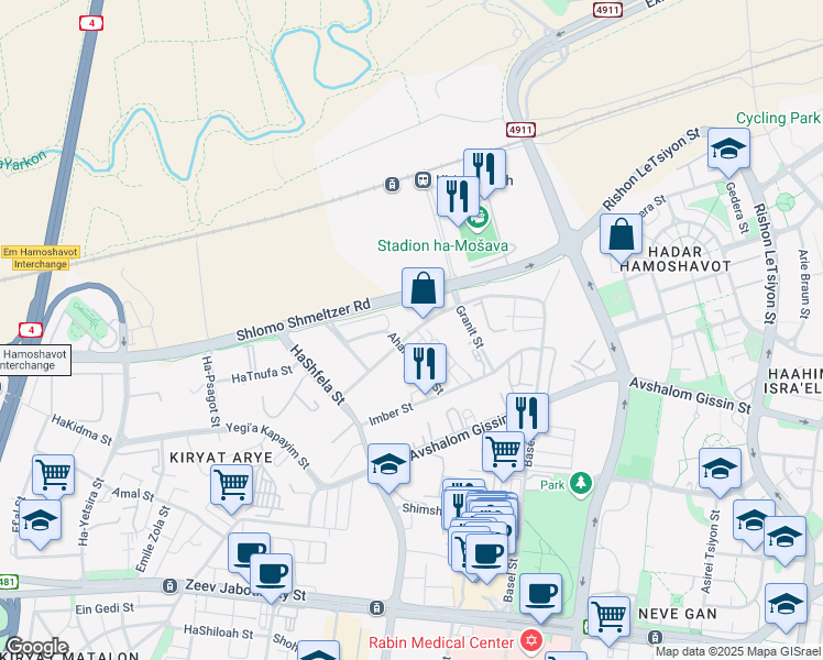 map of restaurants, bars, coffee shops, grocery stores, and more near 17 Ha-Mefalsim Street in Petah Tikva
