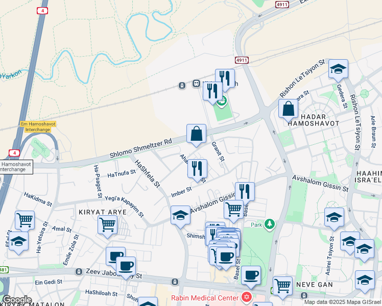 map of restaurants, bars, coffee shops, grocery stores, and more near 17 Ha-Mefalsim Street in Petah Tikva