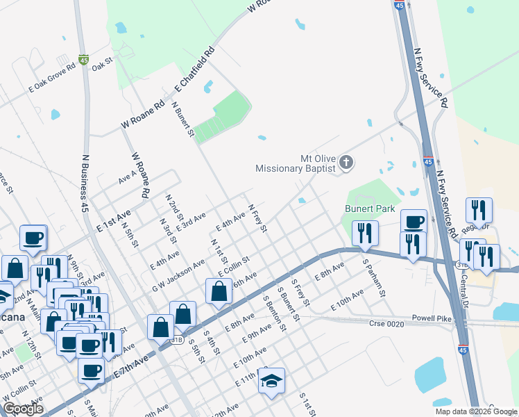 map of restaurants, bars, coffee shops, grocery stores, and more near 1410 East 4th Avenue in Corsicana