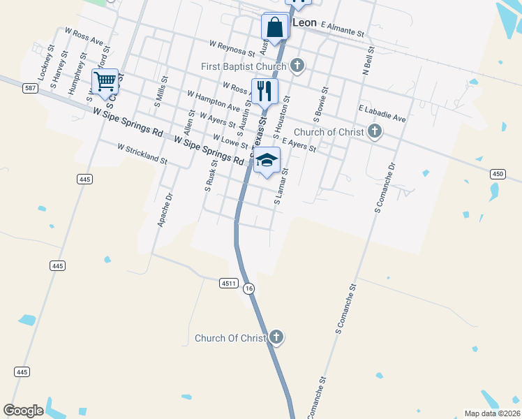 map of restaurants, bars, coffee shops, grocery stores, and more near 200 East Oak Street in De Leon