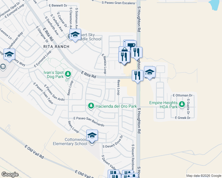 map of restaurants, bars, coffee shops, grocery stores, and more near 10127 East Paseo De Anja in Tucson