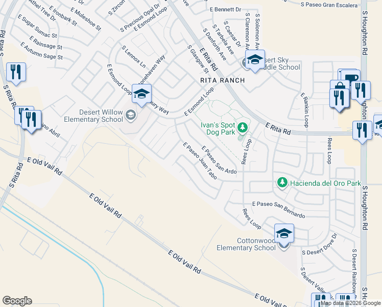 map of restaurants, bars, coffee shops, grocery stores, and more near 9628 East Paseo Juan Tabo in Tucson