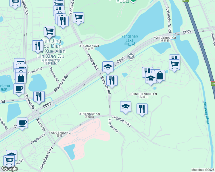map of restaurants, bars, coffee shops, grocery stores, and more near in Nanjing
