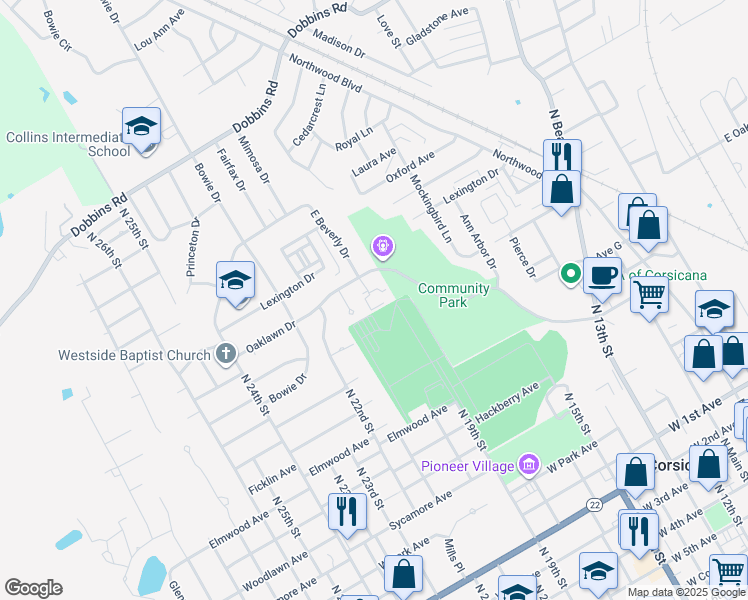 map of restaurants, bars, coffee shops, grocery stores, and more near 1500 East Beverly Drive in Corsicana