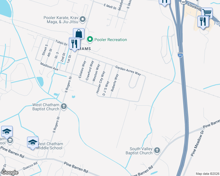 map of restaurants, bars, coffee shops, grocery stores, and more near 1245 Roberts Way in Pooler