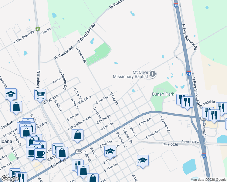 map of restaurants, bars, coffee shops, grocery stores, and more near 1410 East 4th Avenue in Corsicana
