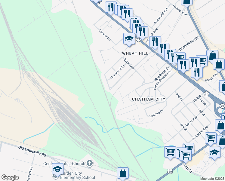 map of restaurants, bars, coffee shops, grocery stores, and more near 318 Chatham Villa Drive in Garden City