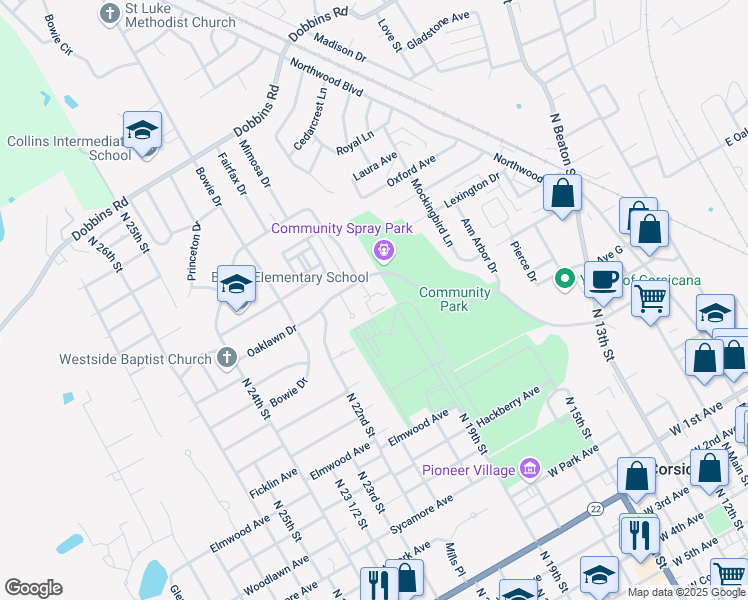 map of restaurants, bars, coffee shops, grocery stores, and more near 1509 East Beverly Drive in Corsicana
