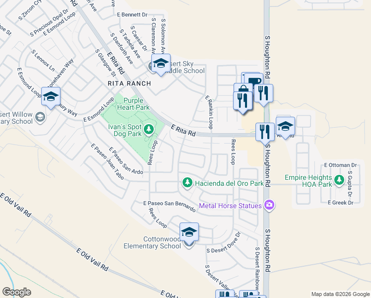 map of restaurants, bars, coffee shops, grocery stores, and more near 9961 East Vía Del Pasto in Tucson