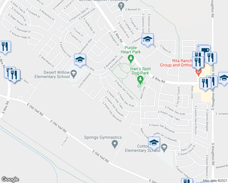 map of restaurants, bars, coffee shops, grocery stores, and more near 9646 East Paseo San Ardo in Tucson