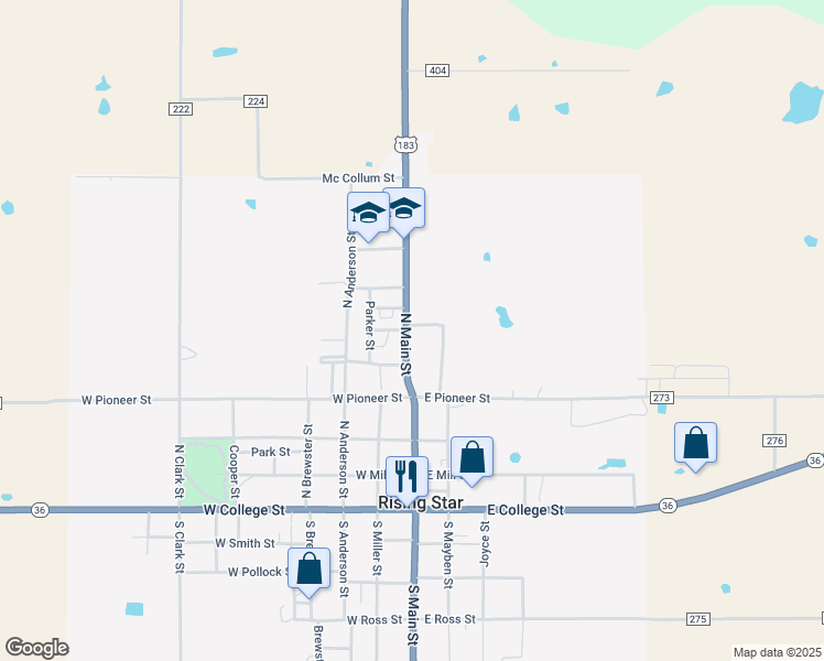 map of restaurants, bars, coffee shops, grocery stores, and more near 510 North Main Street in Rising Star