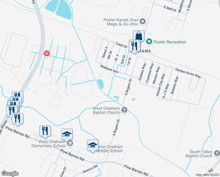 map of restaurants, bars, coffee shops, grocery stores, and more near 1323 South Rogers Street in Pooler