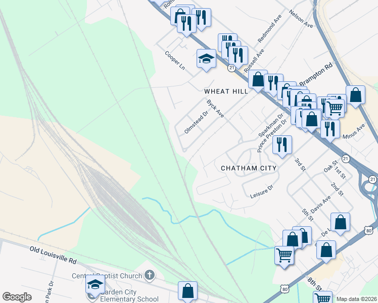 map of restaurants, bars, coffee shops, grocery stores, and more near 318 Chatham Villa Drive in Garden City