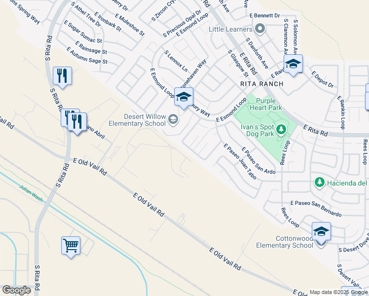 map of restaurants, bars, coffee shops, grocery stores, and more near 9428 East Paseo Del Parque in Tucson