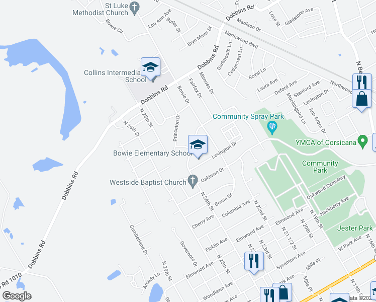 map of restaurants, bars, coffee shops, grocery stores, and more near 1722 Beverly Drive West in Corsicana
