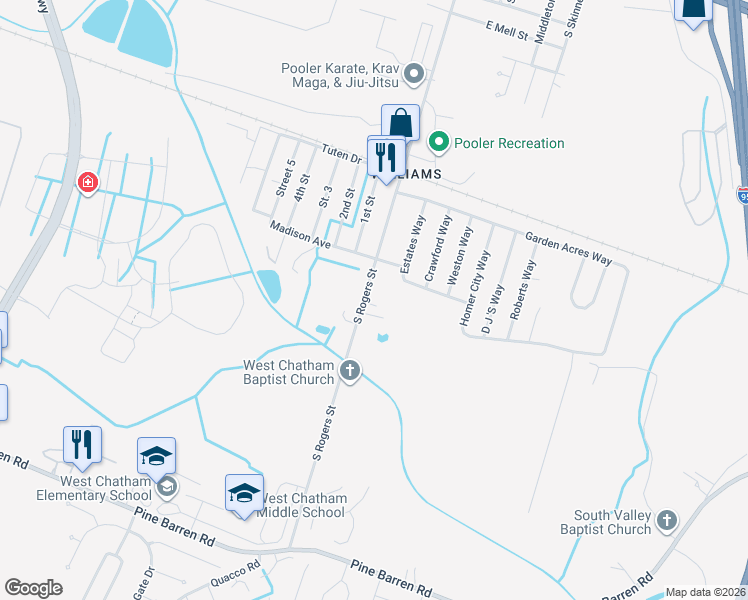map of restaurants, bars, coffee shops, grocery stores, and more near 1324 South Rogers Street in Pooler